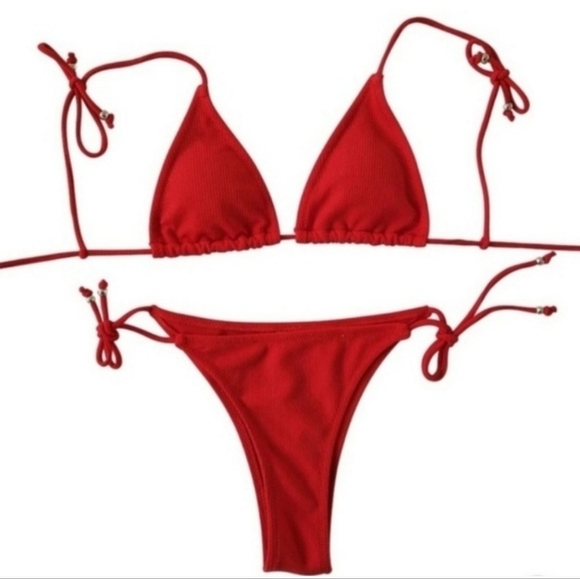 New Red Ribbed Tie Shoulder Tie Side Triangle Bikini Set Swimsuit Size M - Picture 3 of 5